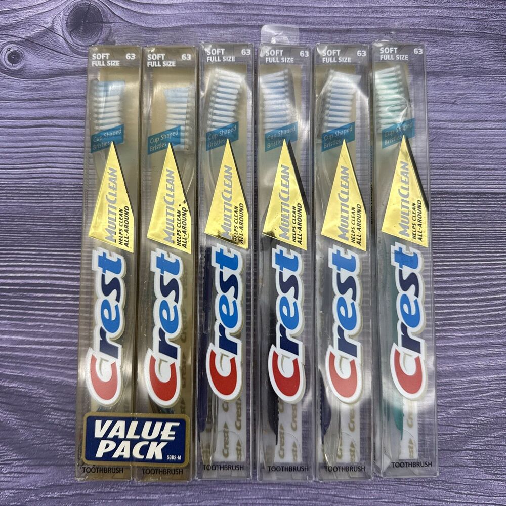 LOT 6 VTG 1997 CREST Multi Clean Toothbrush Soft 63 Full Size Cup Shaped Bristle